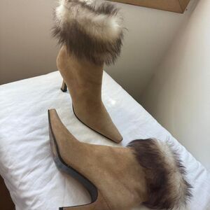 Stuart Weitzman Suede Fur Trim Heeled Ankle Boots Size 7